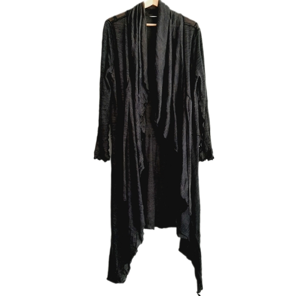 🍒 Open Front w/ Tie Long Fine Knit Cardigan Asymmetric Hem Grey Sz L - Picture 2 of 13